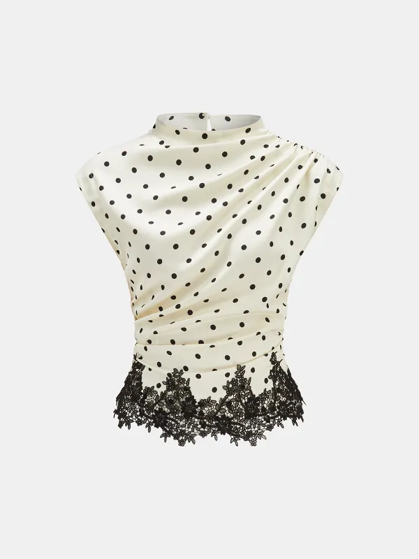 Polka Dot Ruched Lace Hem Sleeveless Blouse made by COMMENSE