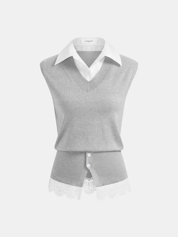 2 in 1 Collared Lace Hem Knit Vest made by COMMENSE