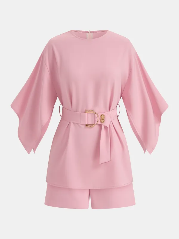Belted Wide Sleeve Top & Shorts Set sold by COMMENSE