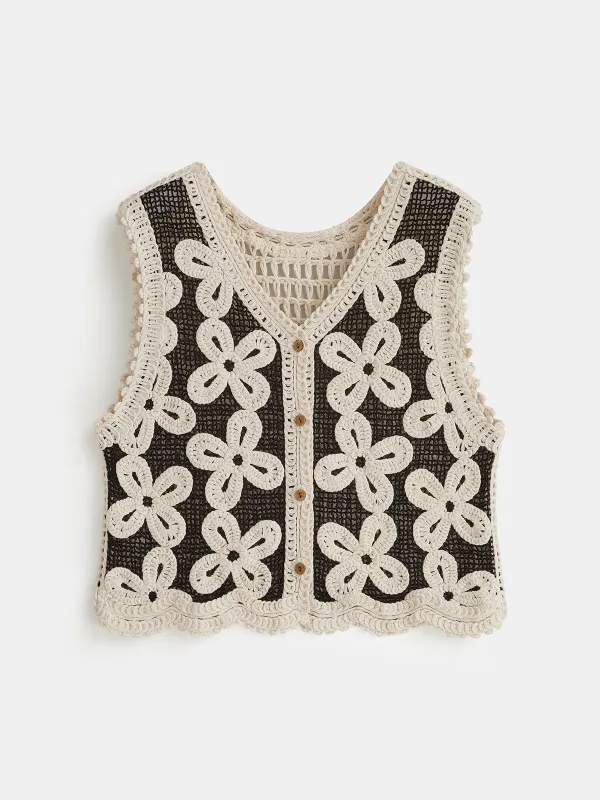 Floral Crochet V-Neck Vest made by COMMENSE