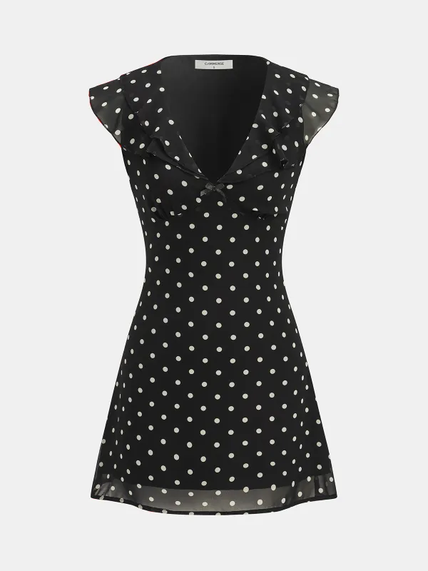 Polka Dot V-Neck Ruffle Dress sold by COMMENSE