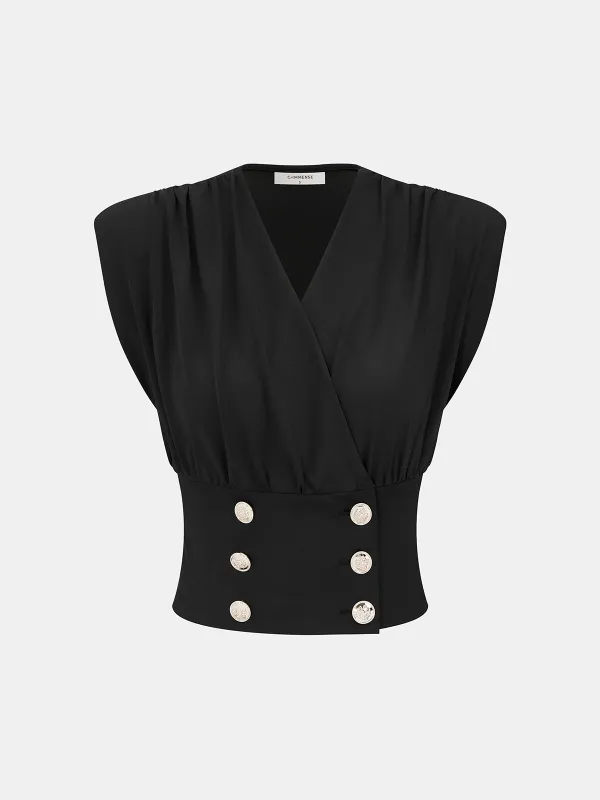 Double Breasted V-Neck Sleeveless Top sold by COMMENSE