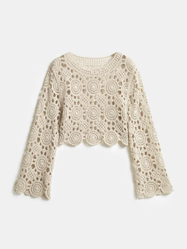 Crochet Circular Pattern Long Sleeve Crop Top sold by COMMENSE