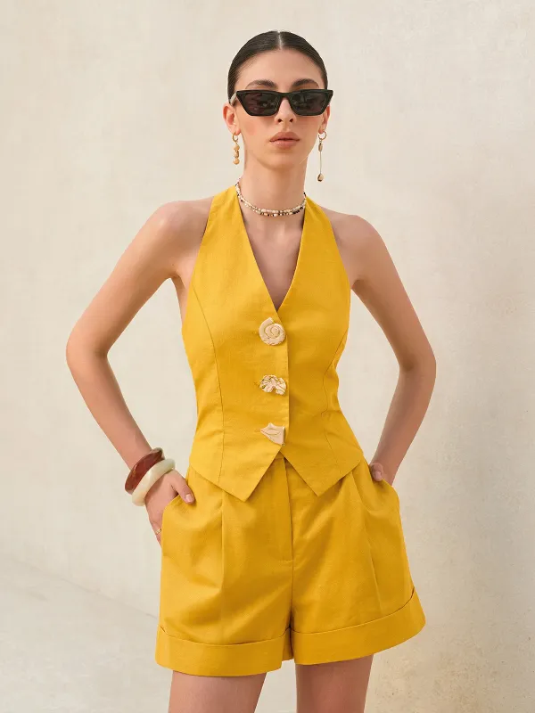 Linen Blend Halter Top & Shorts Set sold by COMMENSE