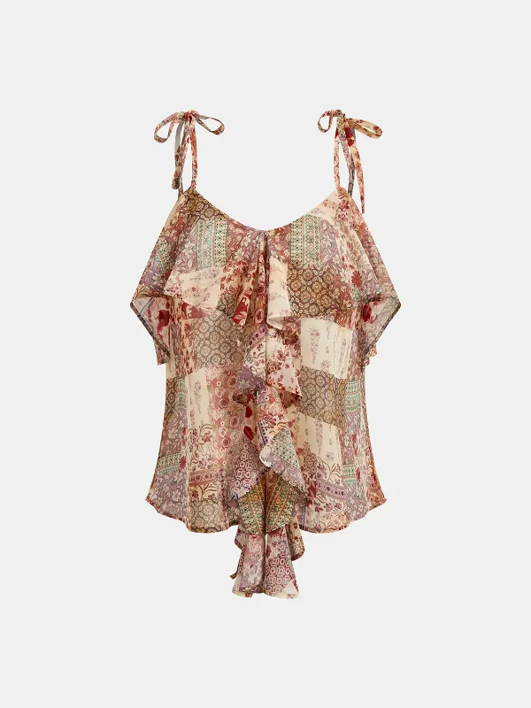 Tie Strap Ruffled Patchwork Floral Cami Top sold by COMMENSE