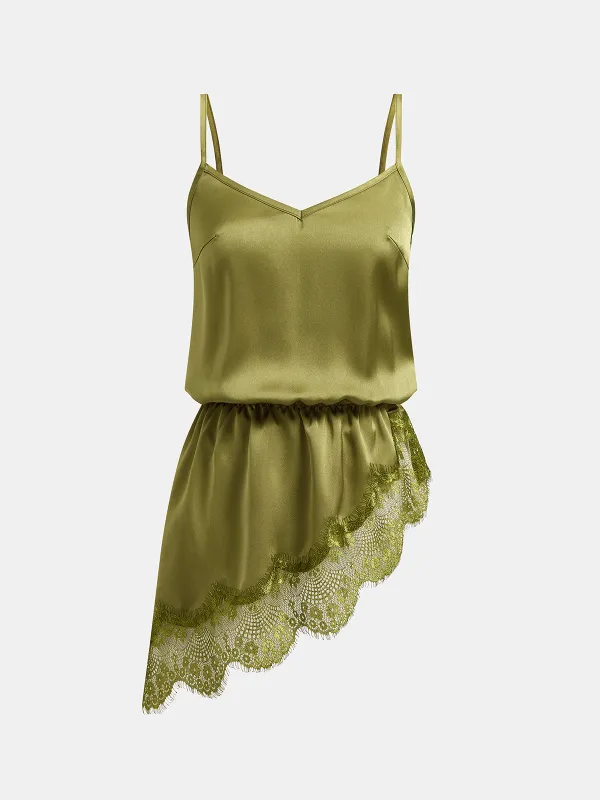 Lace Trim Asymmetrical Hem Satin Cami Top made by COMMENSE
