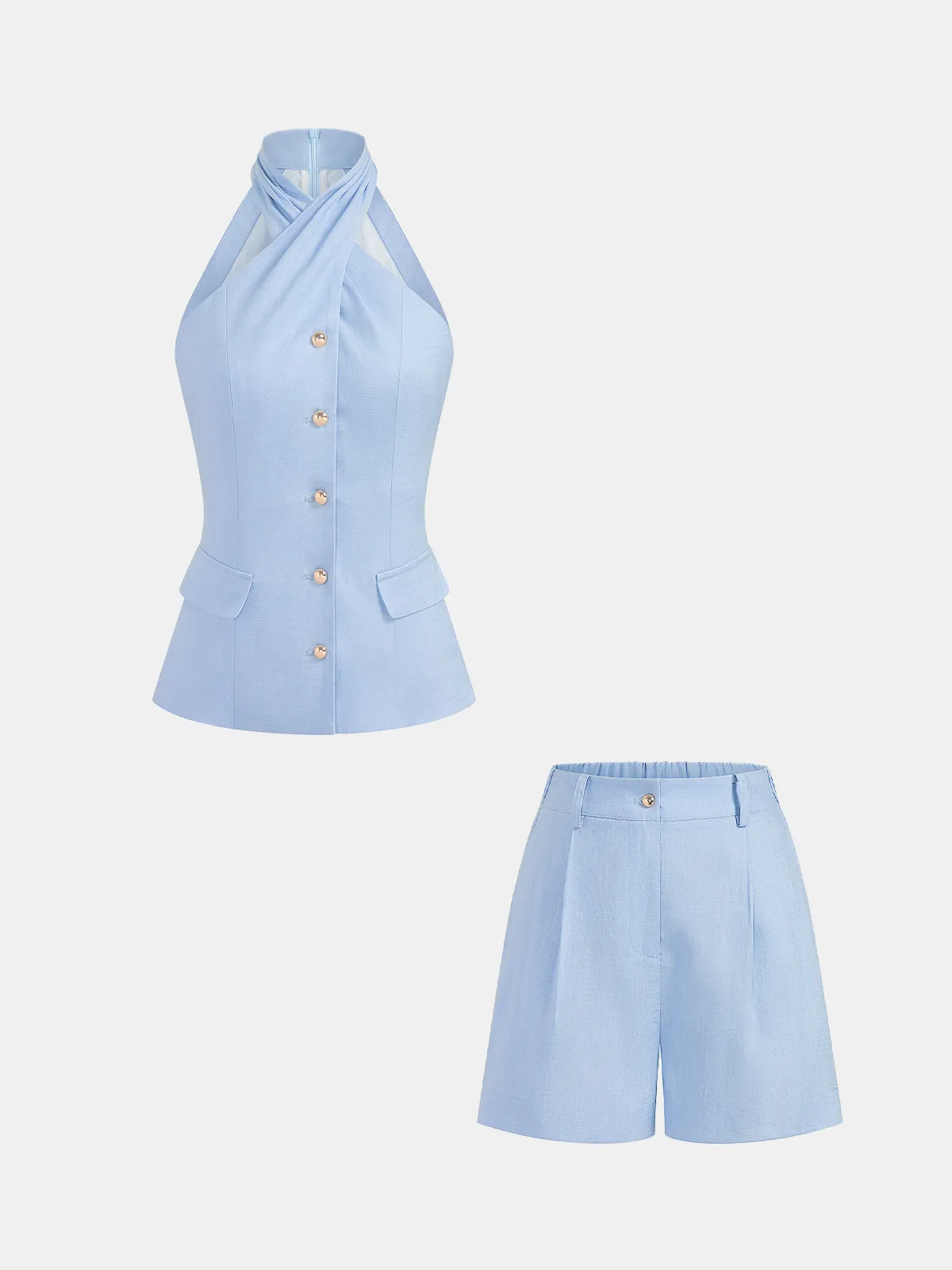 Tencel Blend Halter Buttoned Vest & Shorts Set sold by COMMENSE