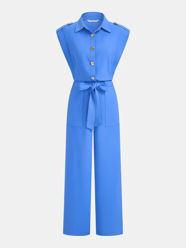 Sleeveless Collared Tie Waist Wide-Leg Jumpsuit made by COMMENSE