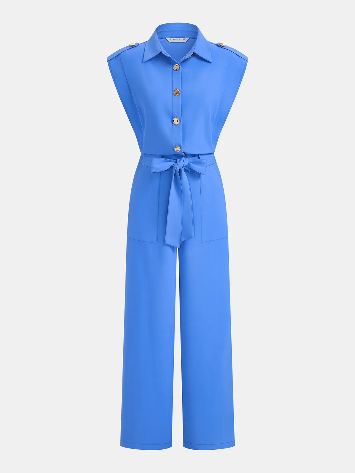 Sleeveless Collared Tie Waist Wide-Leg Jumpsuit sold by COMMENSE
