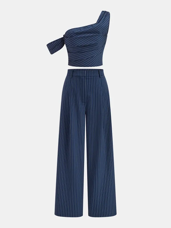 One-Shoulder Striped Top & Pants Set sold by COMMENSE