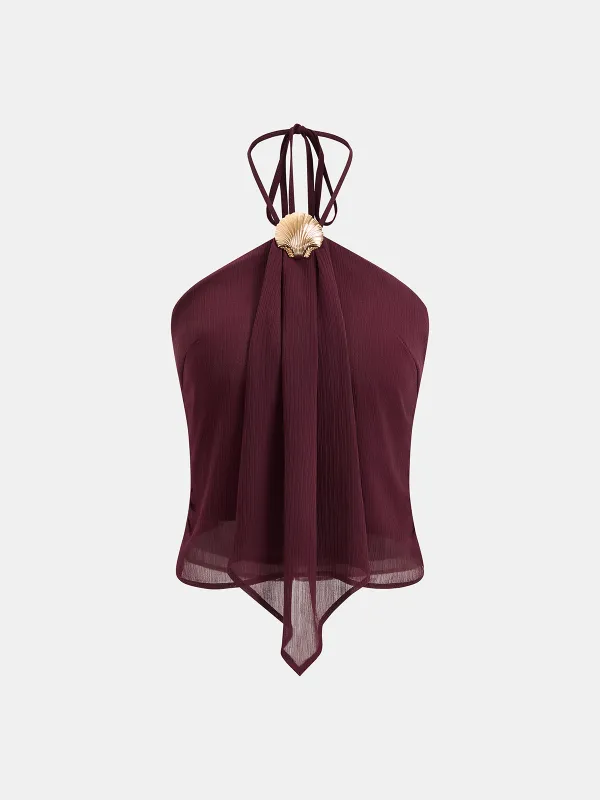 Shell Decor Halter Chiffon Tank Top sold by COMMENSE