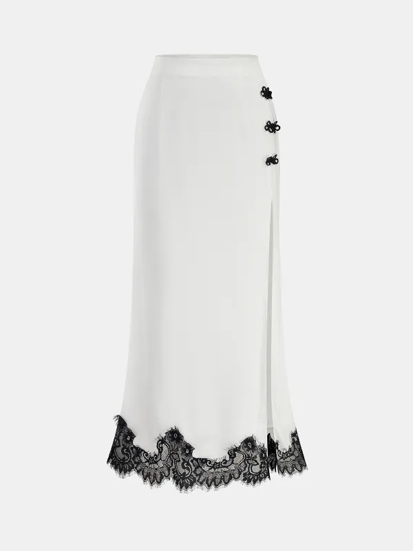 Knot Button Satin Lace Split Maxi Skirt made by COMMENSE