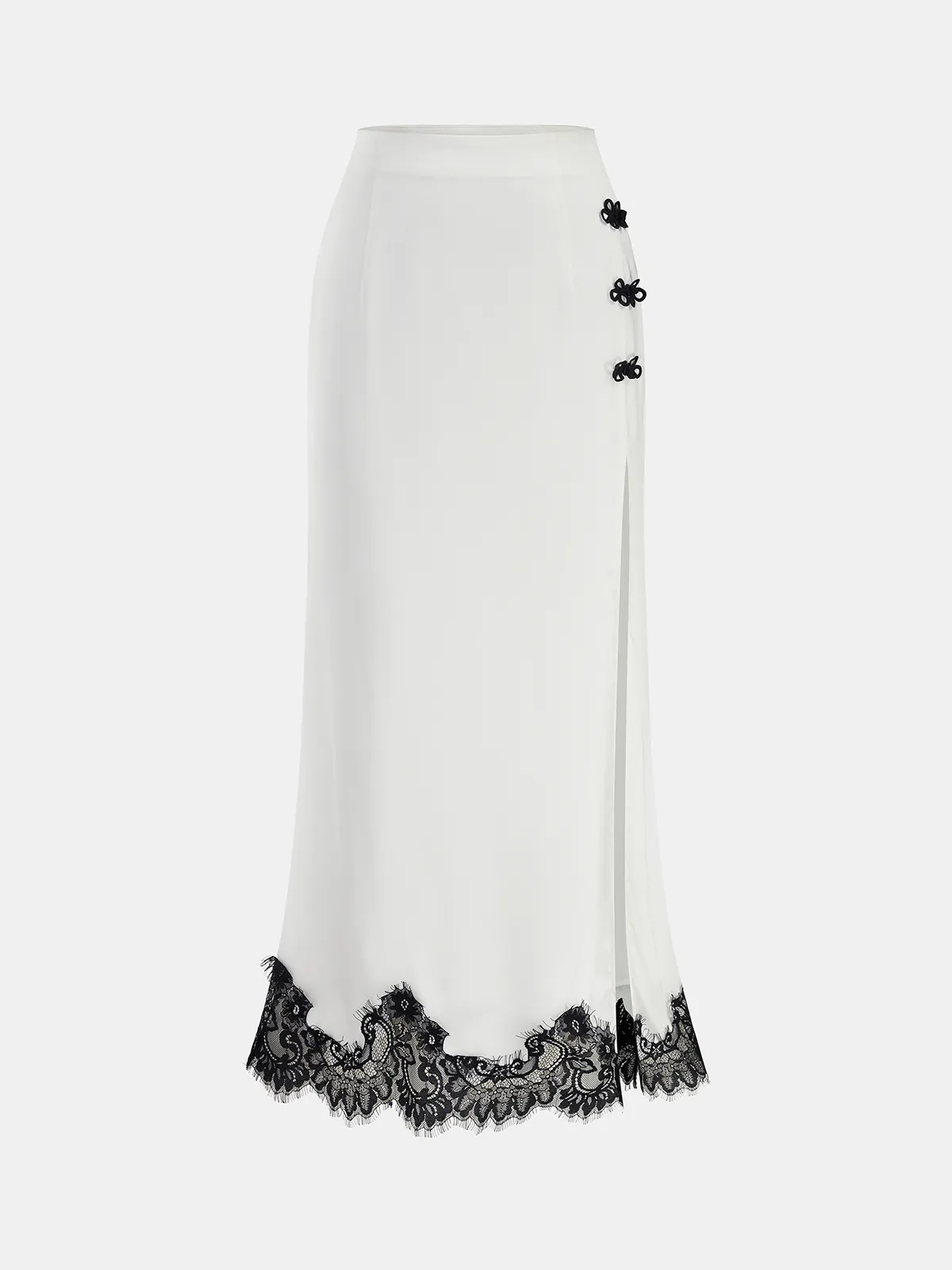 Knot Button Satin Lace Split Maxi Skirt sold by COMMENSE