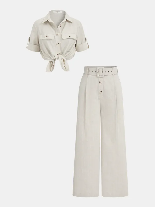 Cotton Linen Knotted Shirt & Belted Pants Set made by COMMENSE