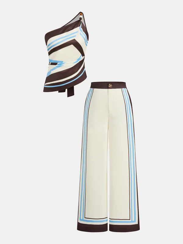 Printed One Shoulder Satin Top & Pants Set made by COMMENSE