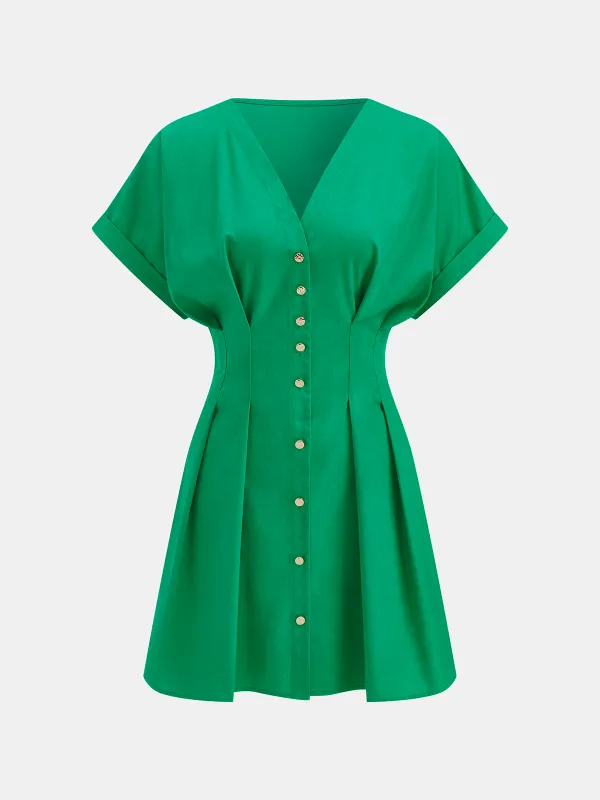 Cotton-Linen Pleated Button-Front  Mini Dress sold by COMMENSE