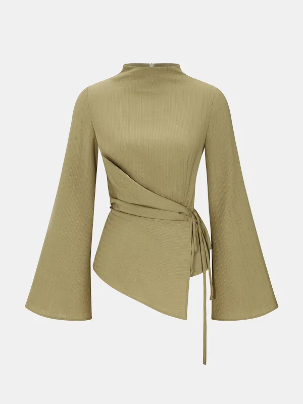 Tie-Waist Textured Stand-Collar Bell-Sleeve Blouse made by COMMENSE