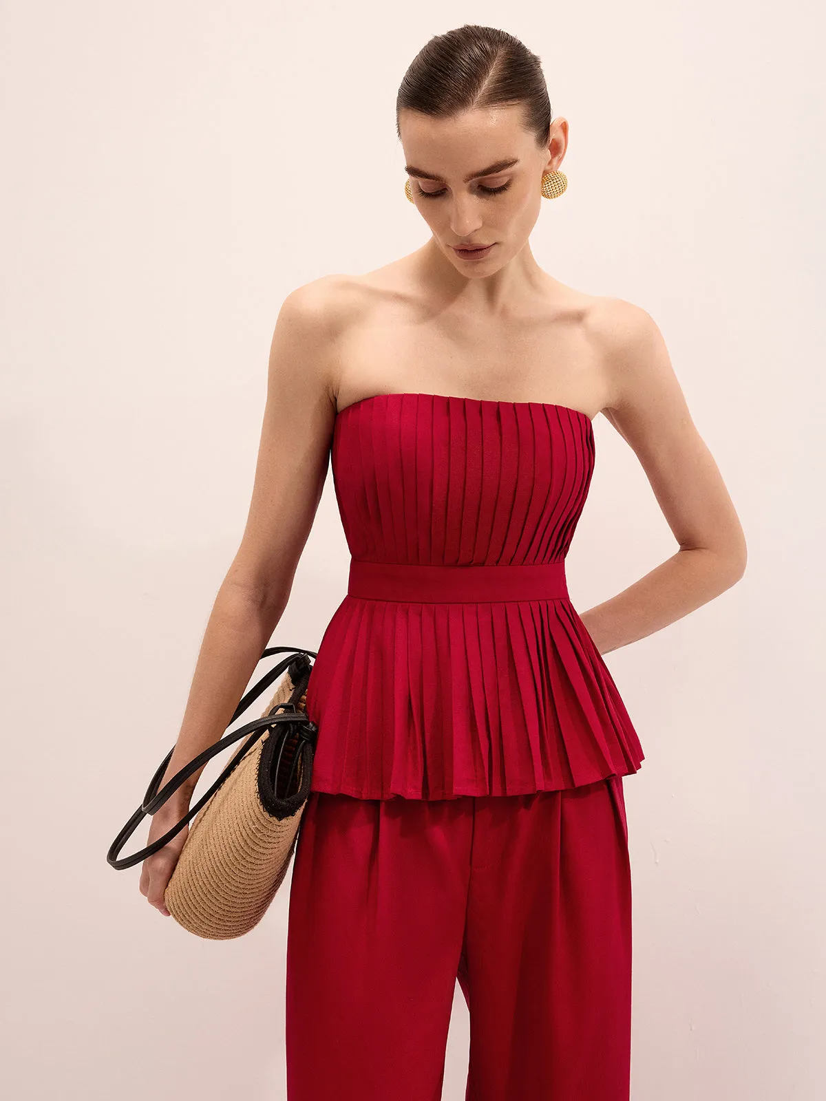 Strapless Pleated Linen Blend Top & Pants Set sold by COMMENSE product image thumbnail 4