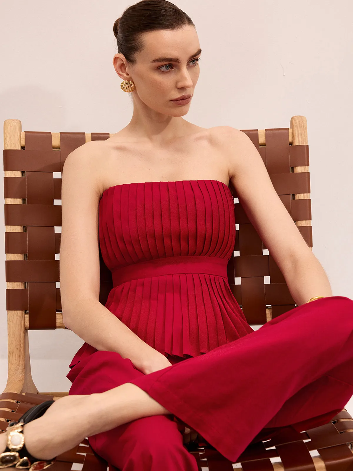 Strapless Pleated Linen Blend Top & Pants Set sold by COMMENSE product image thumbnail 2