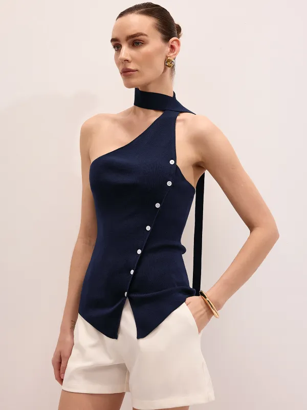 One Shoulder Buttoned Tie Neck Knit Top made by COMMENSE