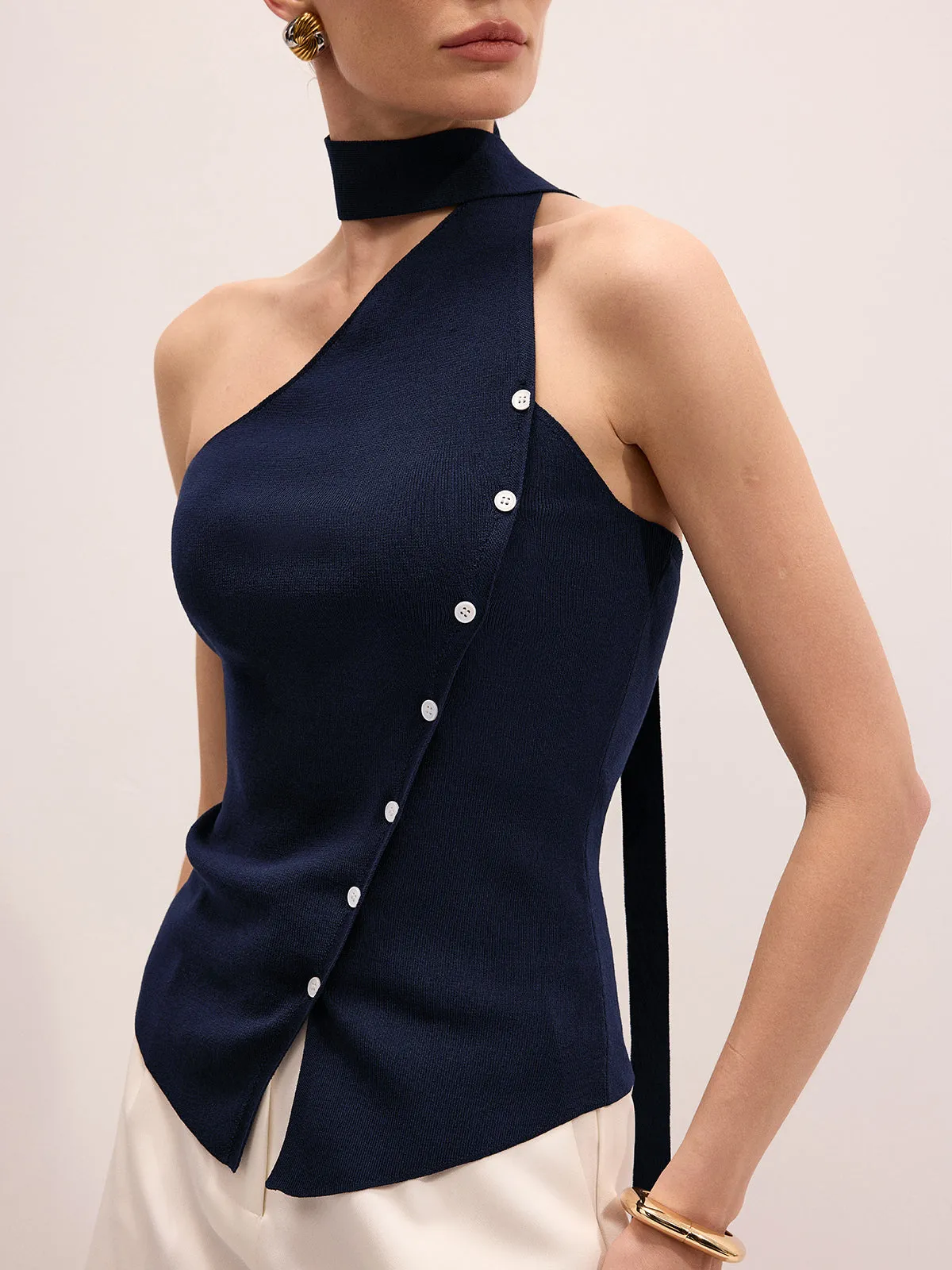 One Shoulder Buttoned Tie Neck Knit Top sold by COMMENSE product image thumbnail 5