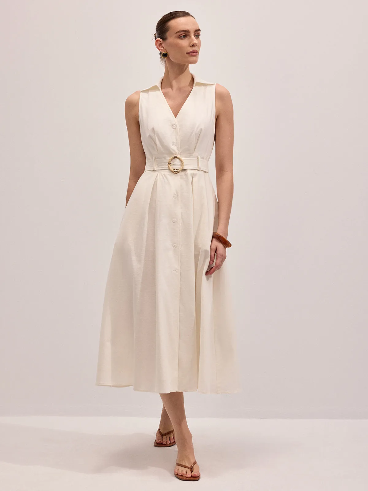 Cotton Linen Sleeveless Belted Midi Dress sold by COMMENSE product image thumbnail 4