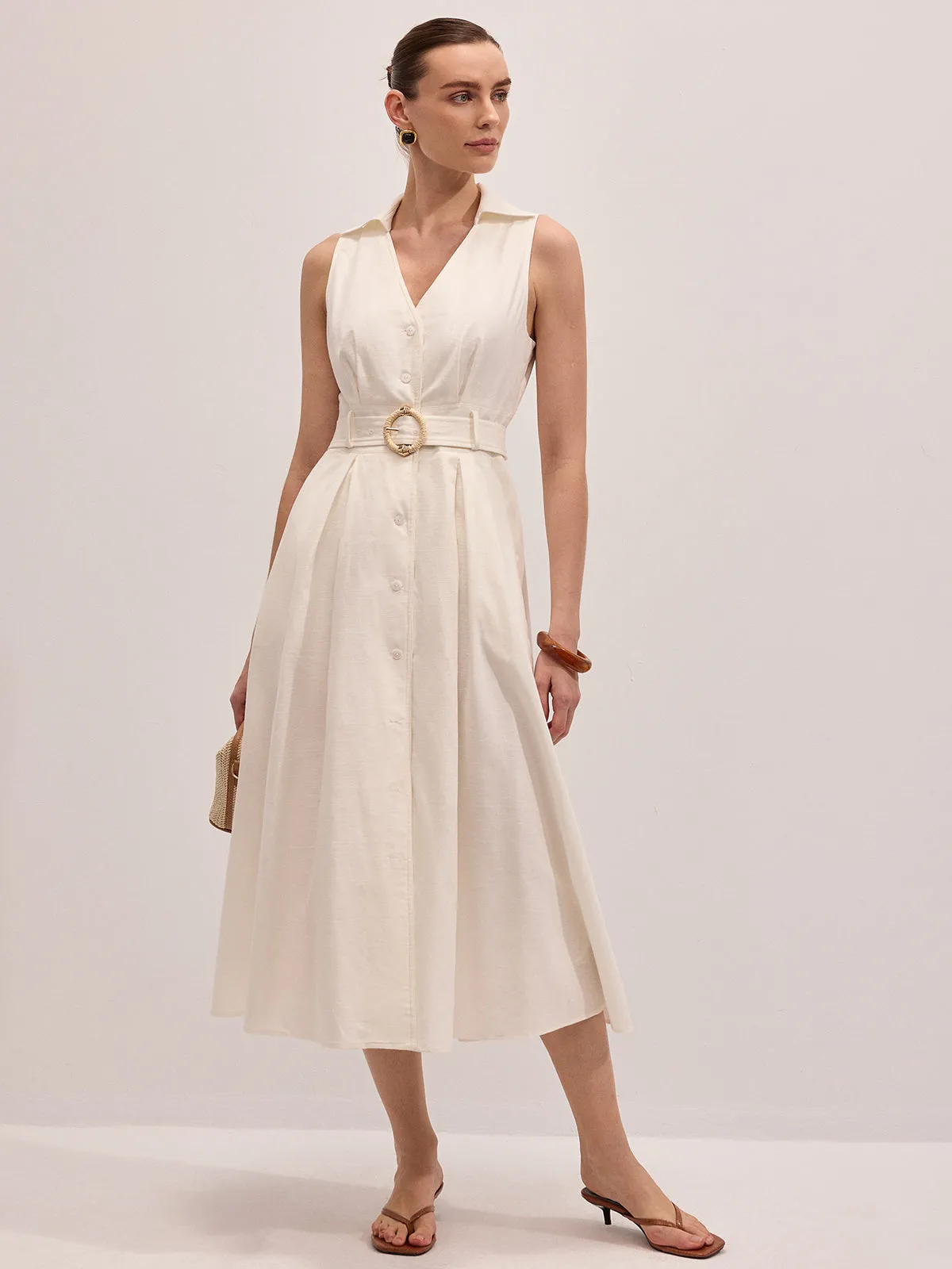 Cotton Linen Sleeveless Belted Midi Dress sold by COMMENSE product image thumbnail 5