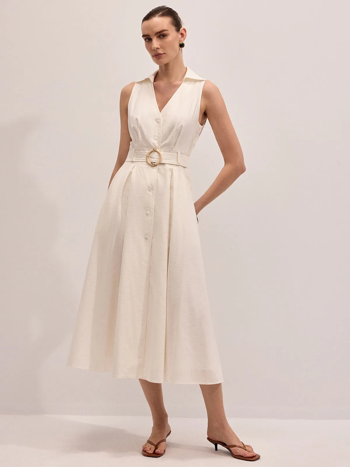 Cotton Linen Sleeveless Belted Midi Dress sold by COMMENSE product image thumbnail 2