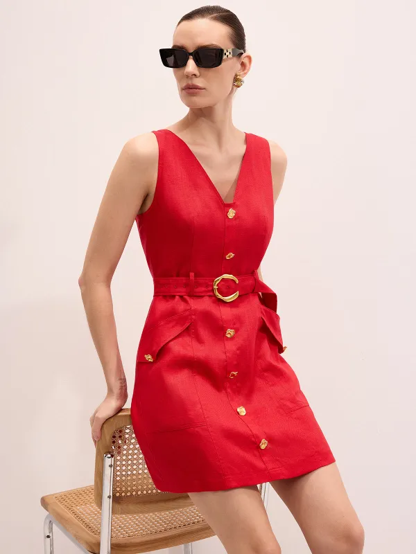 Linen Blend Sleeveless Belted Mini Dress made by COMMENSE