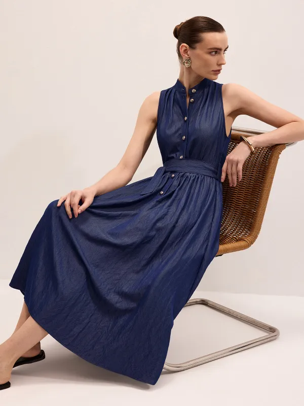 Cotton Blend Sleeveless Belted Maxi Dress made by COMMENSE