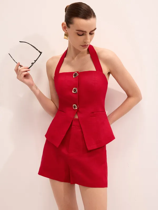 Linen Blend Halter Top & Shorts Set made by COMMENSE