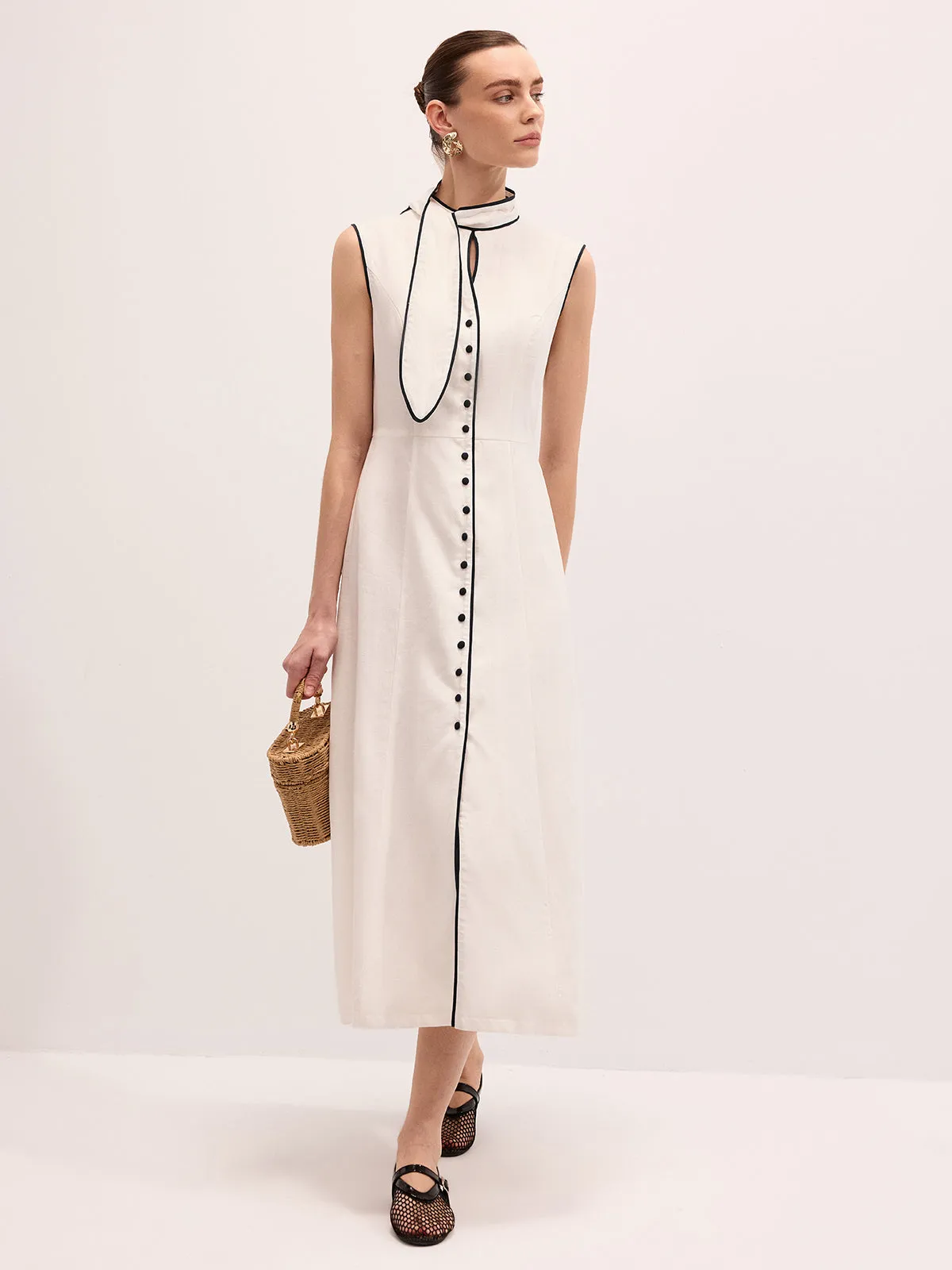 Linen Blend Contrast Piping Tie Neck Maxi Dress sold by COMMENSE product image thumbnail 4