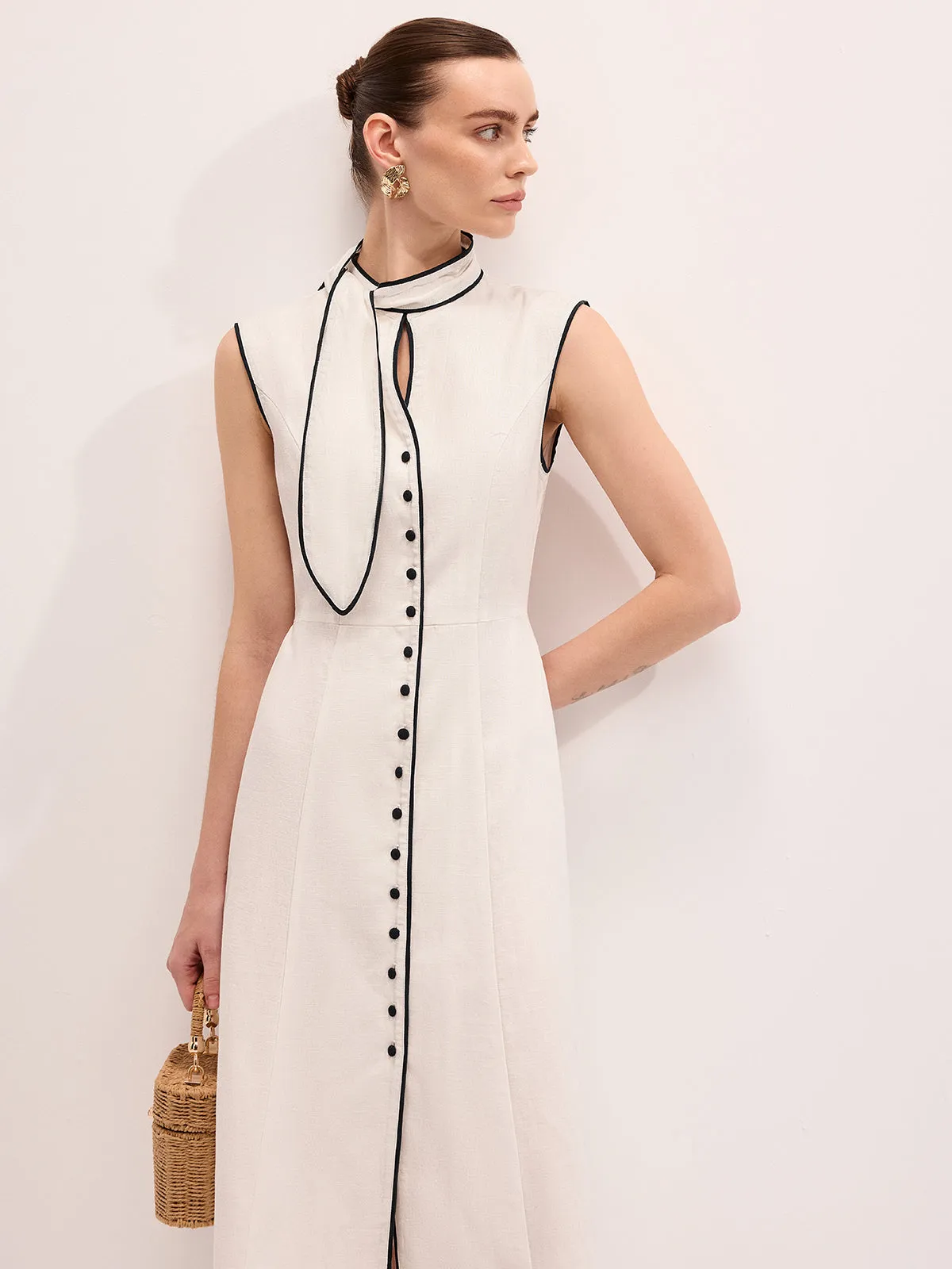 Linen Blend Contrast Piping Tie Neck Maxi Dress sold by COMMENSE