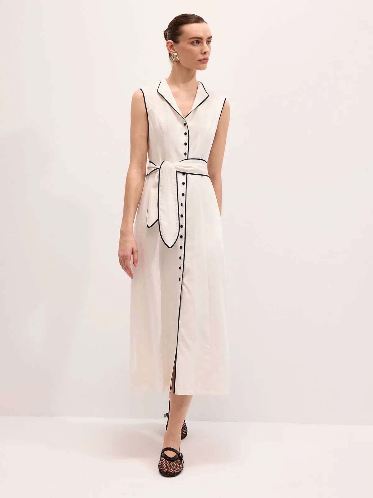Linen Blend Contrast Piping Tie Neck Maxi Dress sold by COMMENSE product image thumbnail 2