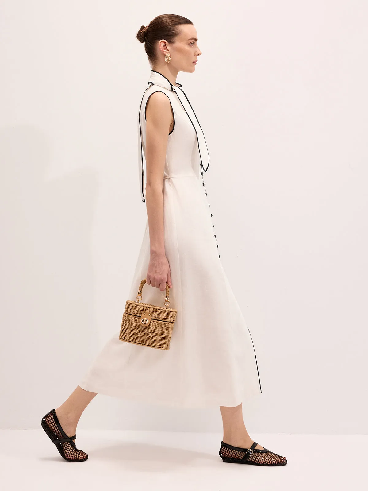 Linen Blend Contrast Piping Tie Neck Maxi Dress sold by COMMENSE product image thumbnail 3