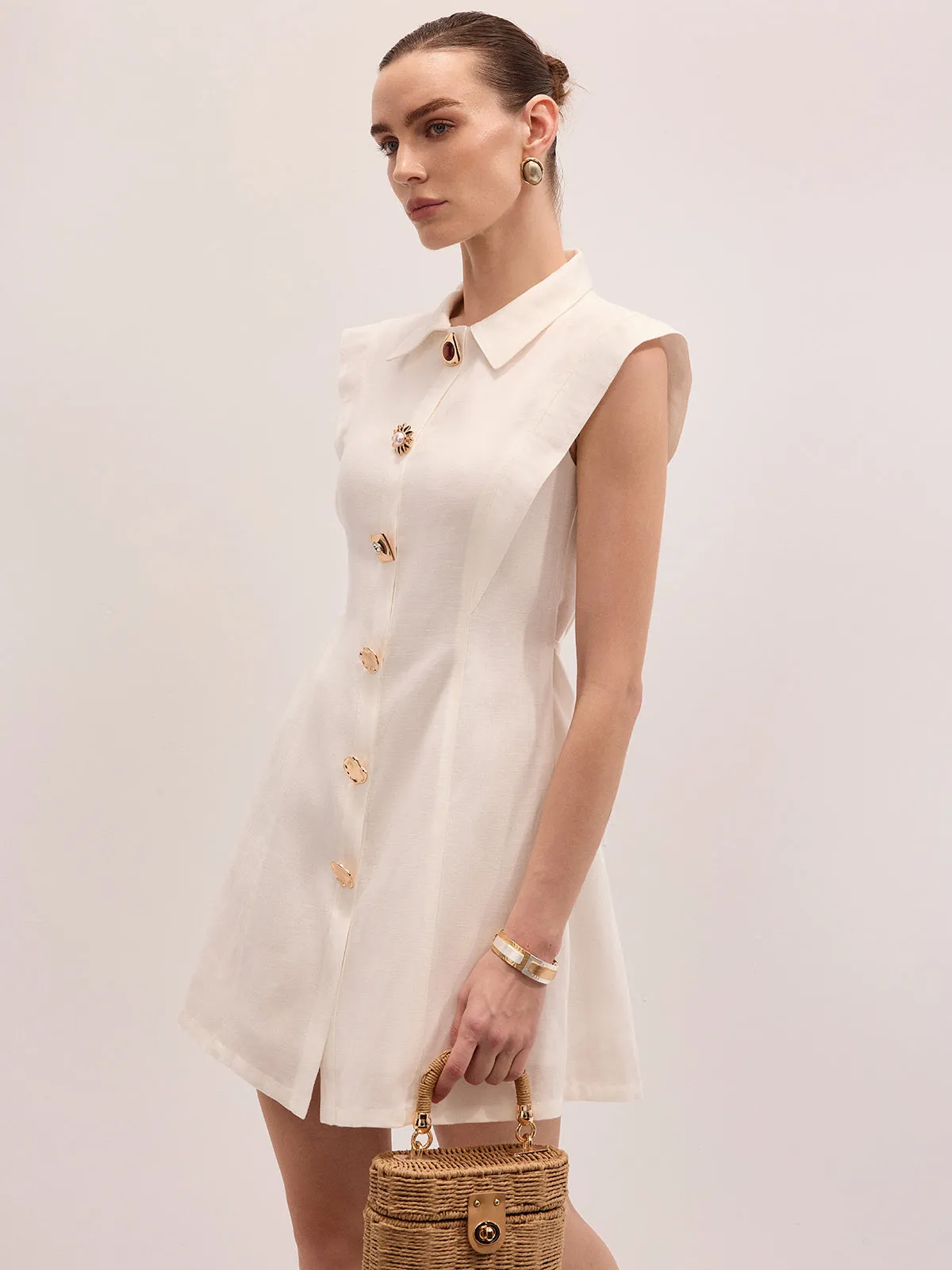 Linen Blend Sleeveless Mini Shirt Dress sold by COMMENSE product image thumbnail 4