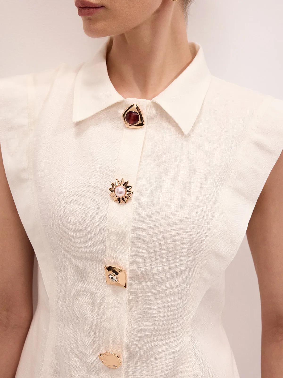 Linen Blend Sleeveless Mini Shirt Dress sold by COMMENSE product image thumbnail 5