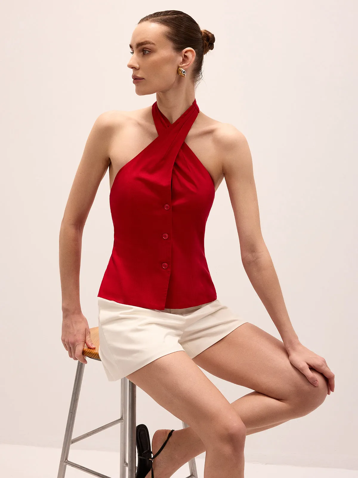 Linen Blend Crisscross Halter Top sold by COMMENSE