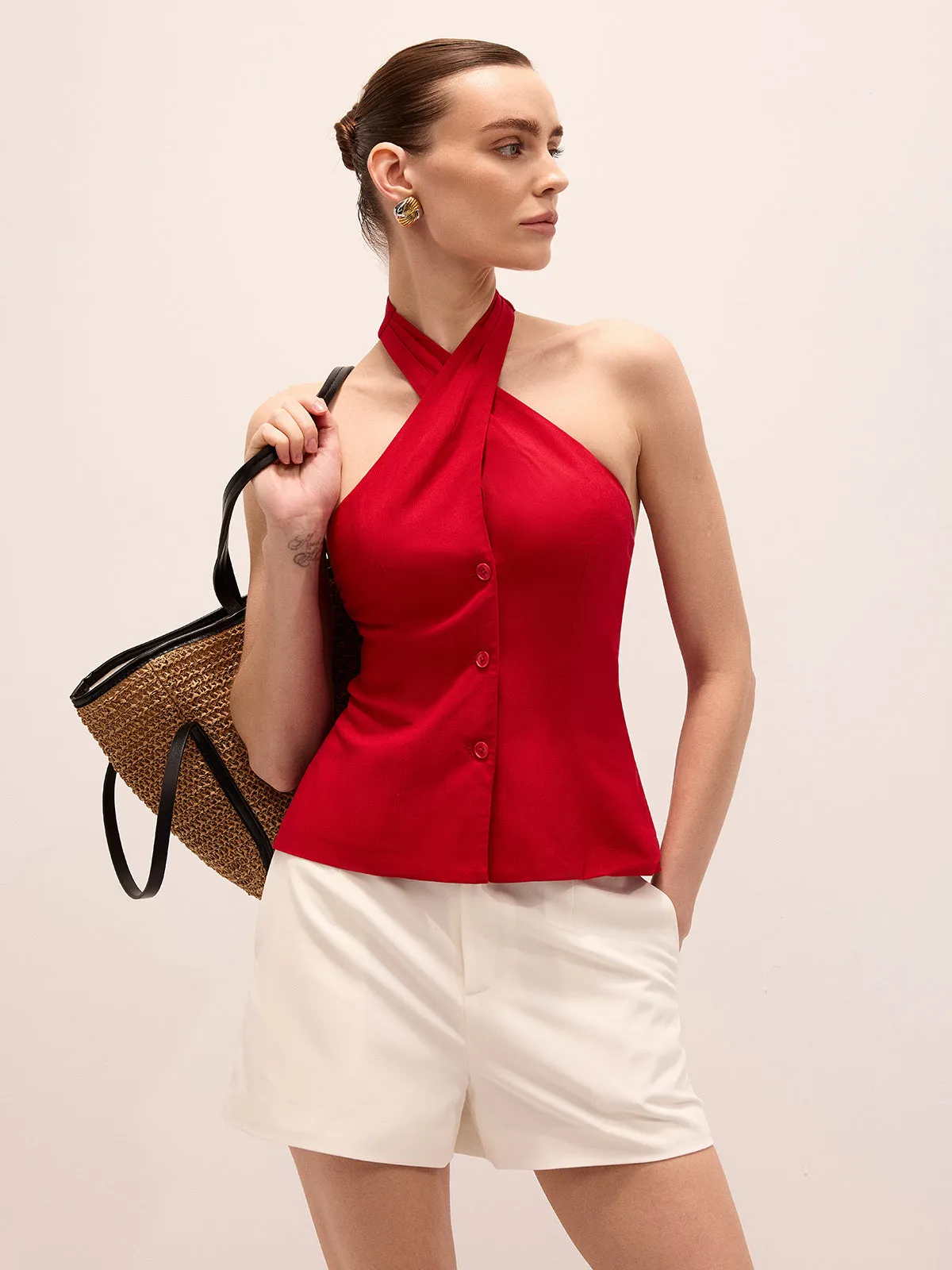 Linen Blend Crisscross Halter Top sold by COMMENSE product image thumbnail 3