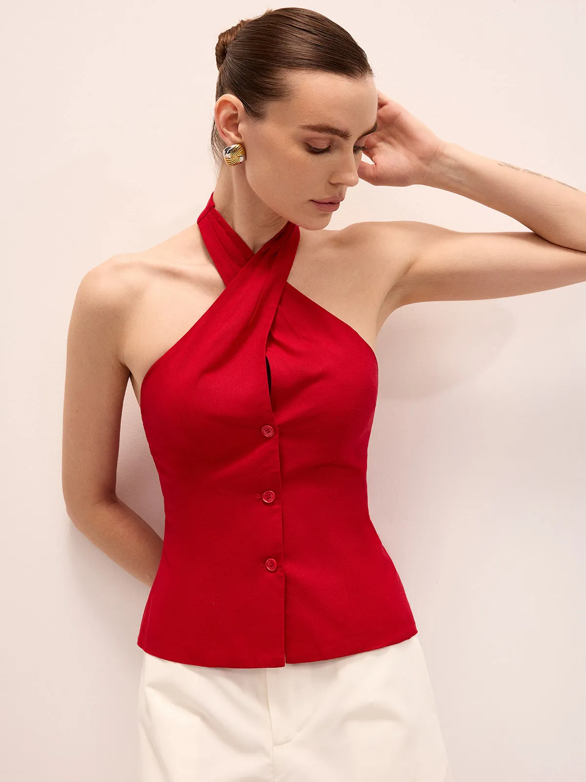 Linen Blend Crisscross Halter Top sold by COMMENSE product image thumbnail 4