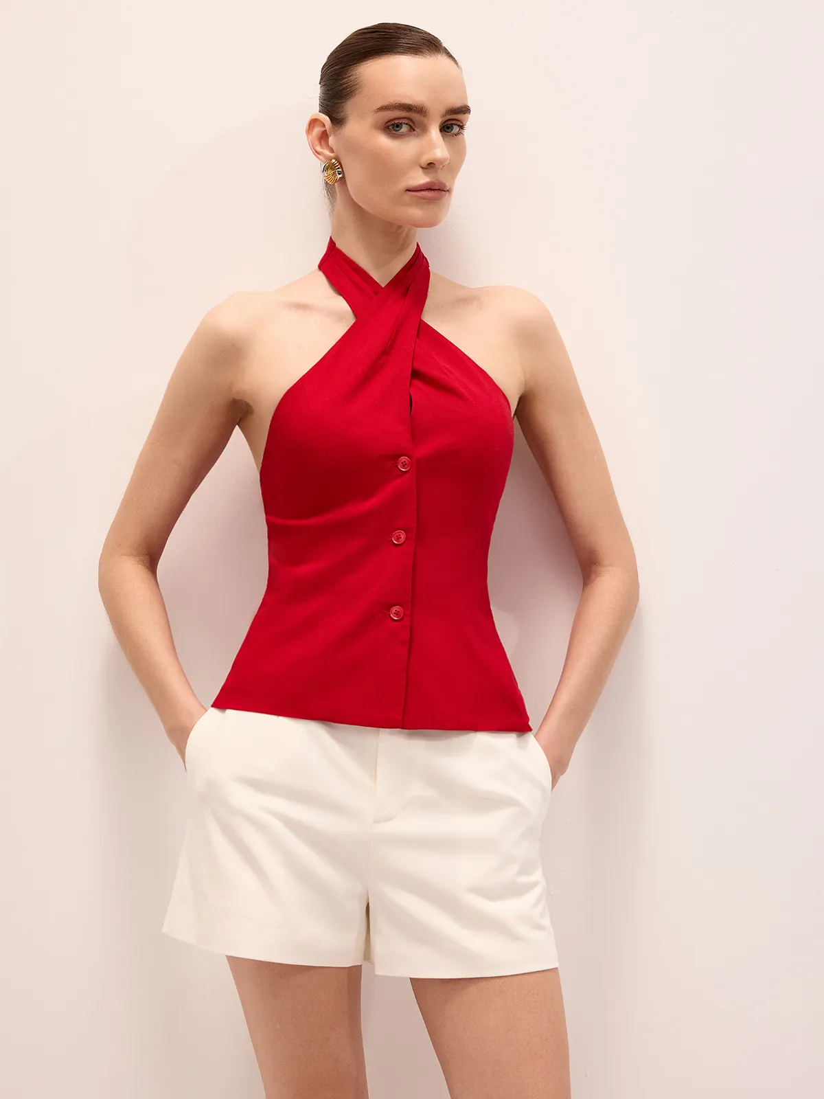 Linen Blend Crisscross Halter Top sold by COMMENSE product image thumbnail 2