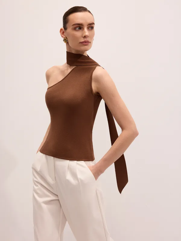 Asymmetric One-Shoulder Tie Neck Knit Top sold by COMMENSE