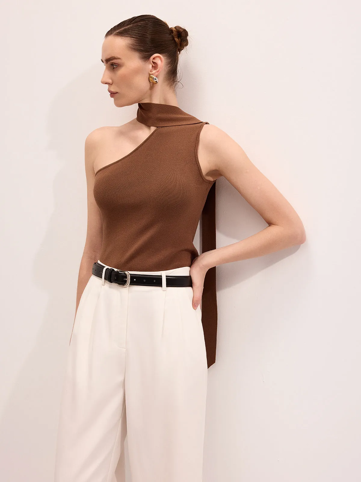Asymmetric One-Shoulder Tie Neck Knit Top sold by COMMENSE product image thumbnail 5