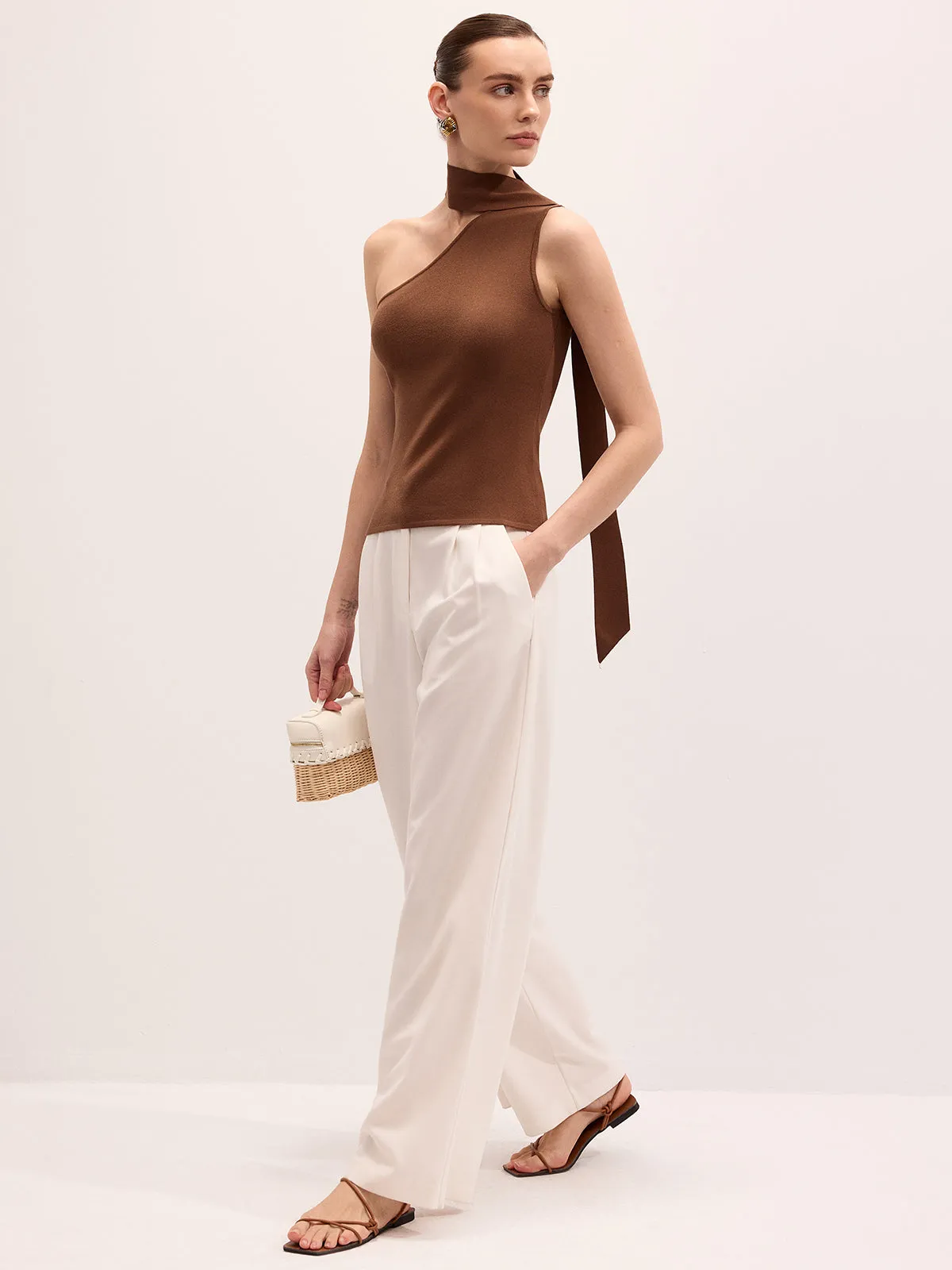 Asymmetric One-Shoulder Tie Neck Knit Top sold by COMMENSE product image thumbnail 2