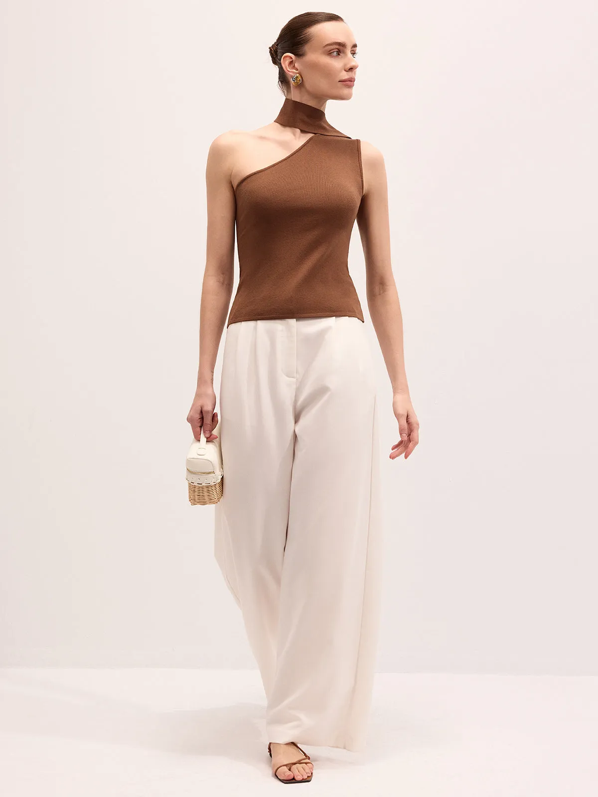 Asymmetric One-Shoulder Tie Neck Knit Top sold by COMMENSE product image thumbnail 3