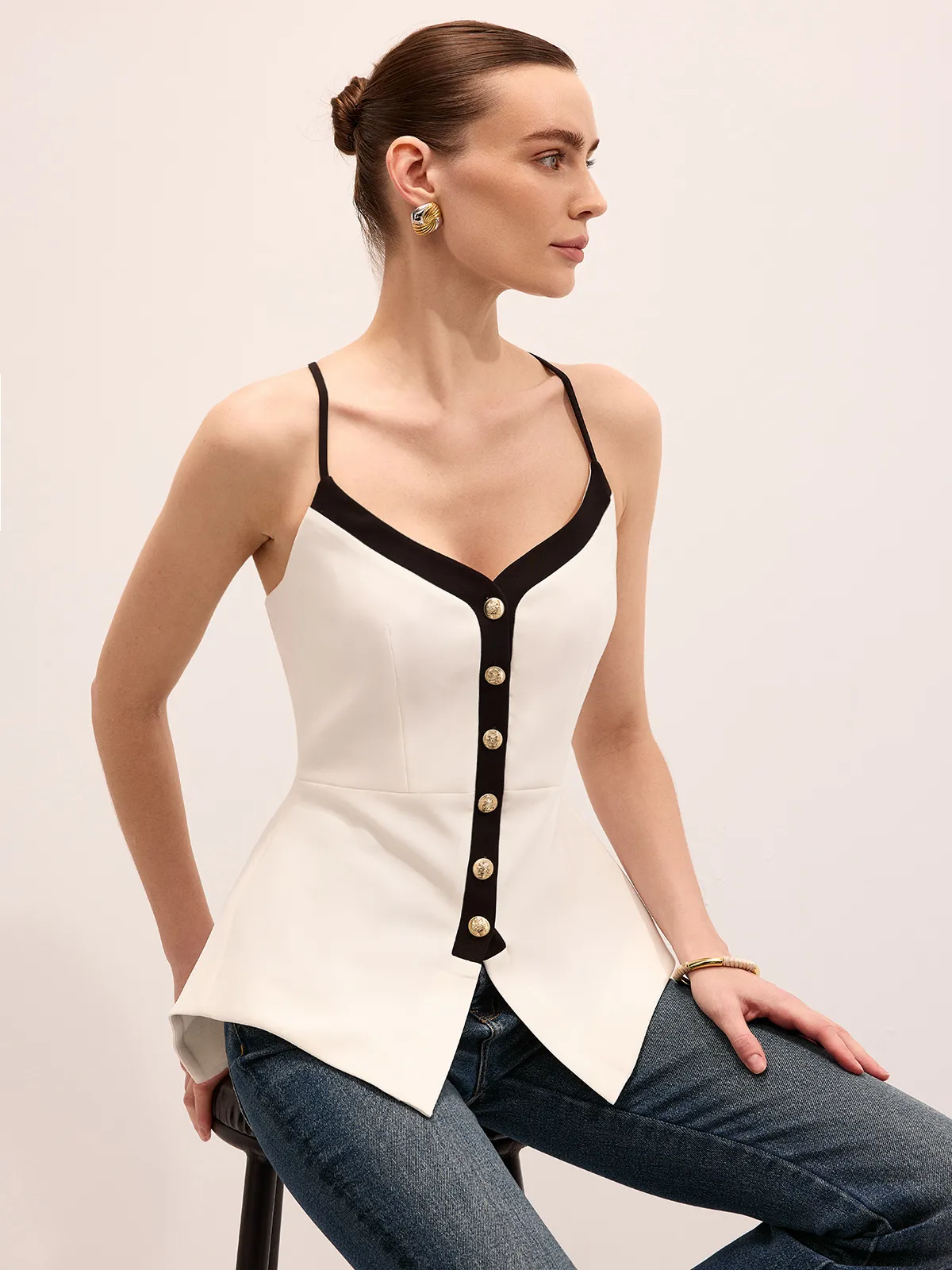 Metal Button Peplum Cami Top sold by COMMENSE