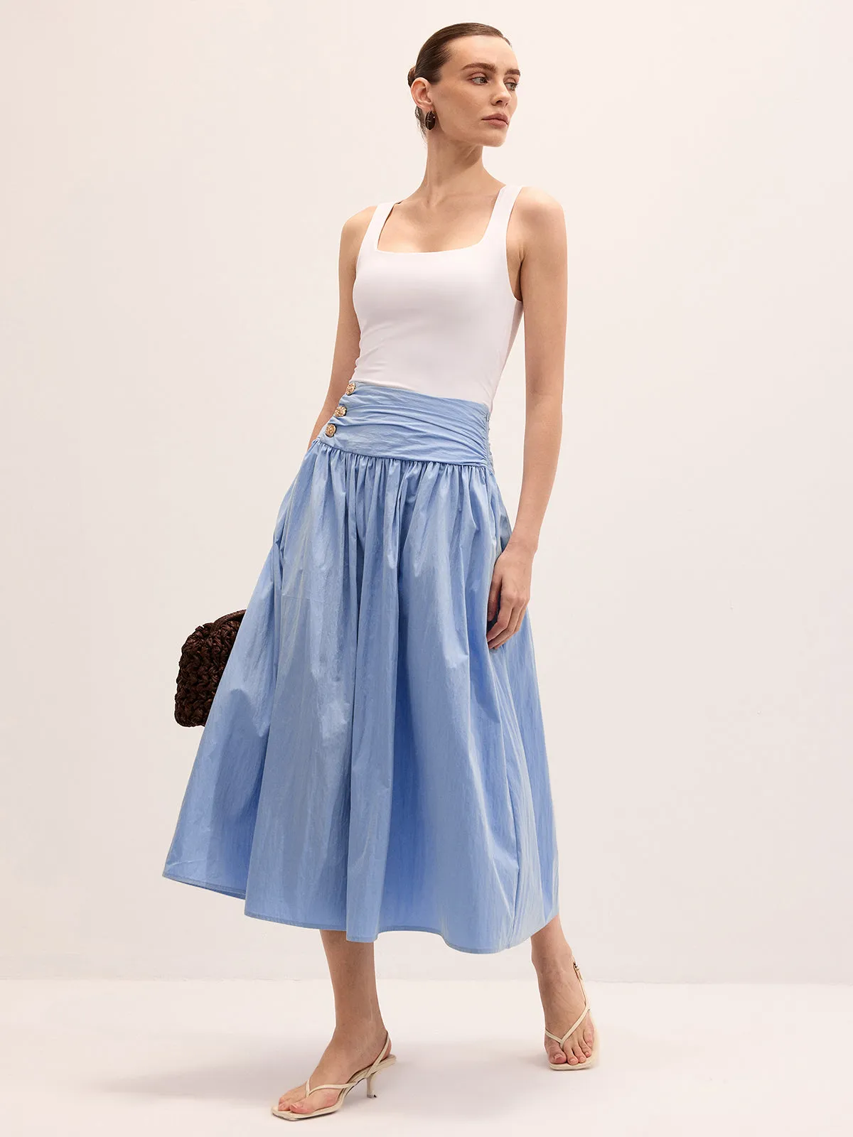 Cotton Blend Ruched Waist Midi Skirt sold by COMMENSE product image thumbnail 2