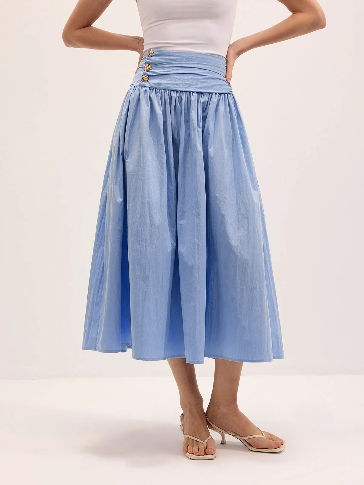Cotton Blend Ruched Waist Midi Skirt sold by COMMENSE product image thumbnail 3