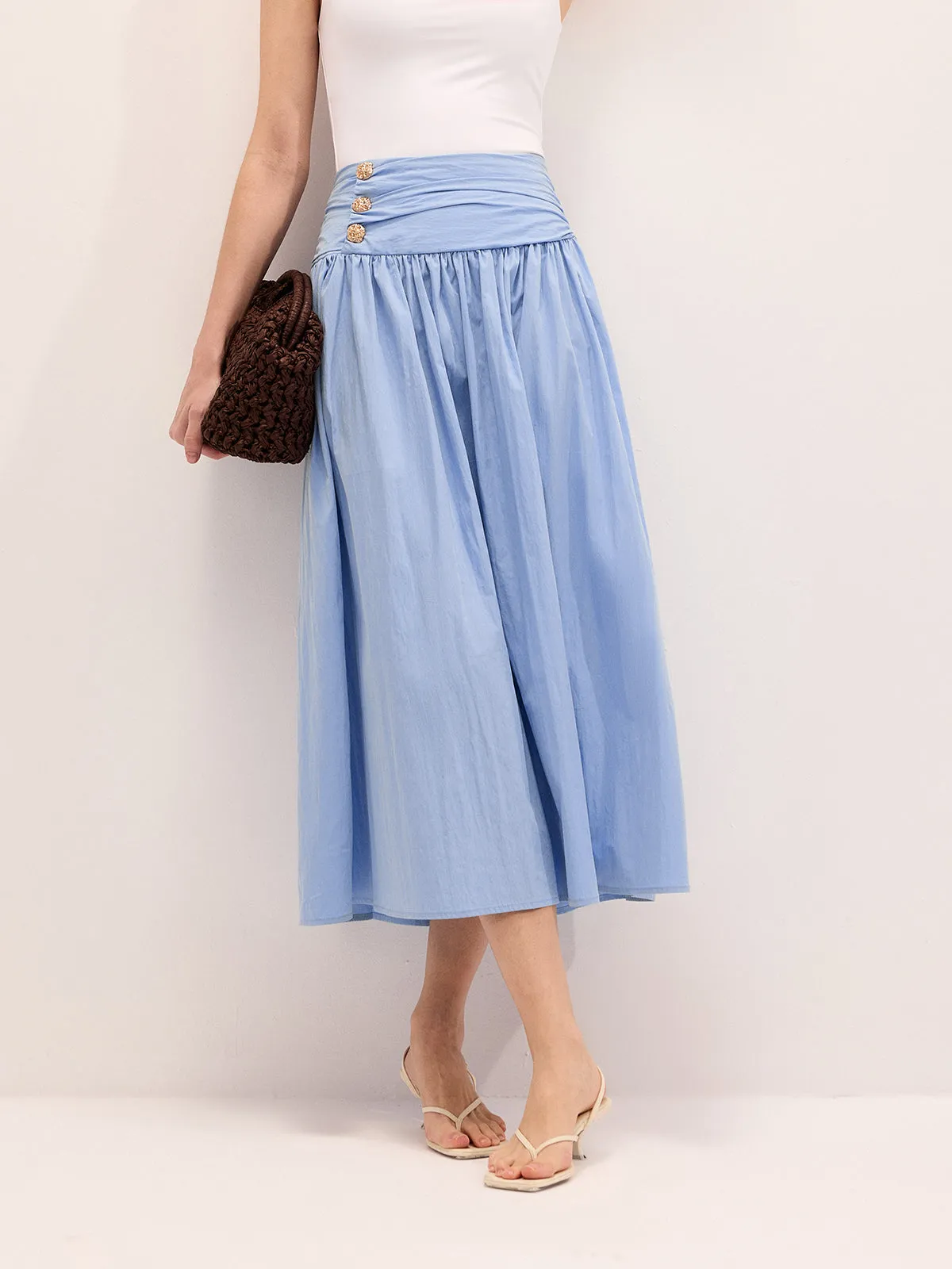 Cotton Blend Ruched Waist Midi Skirt sold by COMMENSE product image thumbnail 4