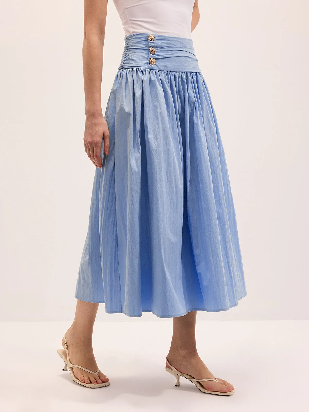 Cotton Blend Ruched Waist Midi Skirt sold by COMMENSE